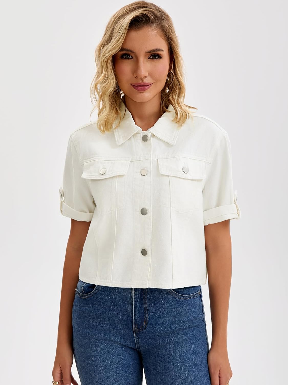 CIMUK Womens Short Sleeve Denim Jackets Collared Button Up Cropped Jean Jacket - Image 6