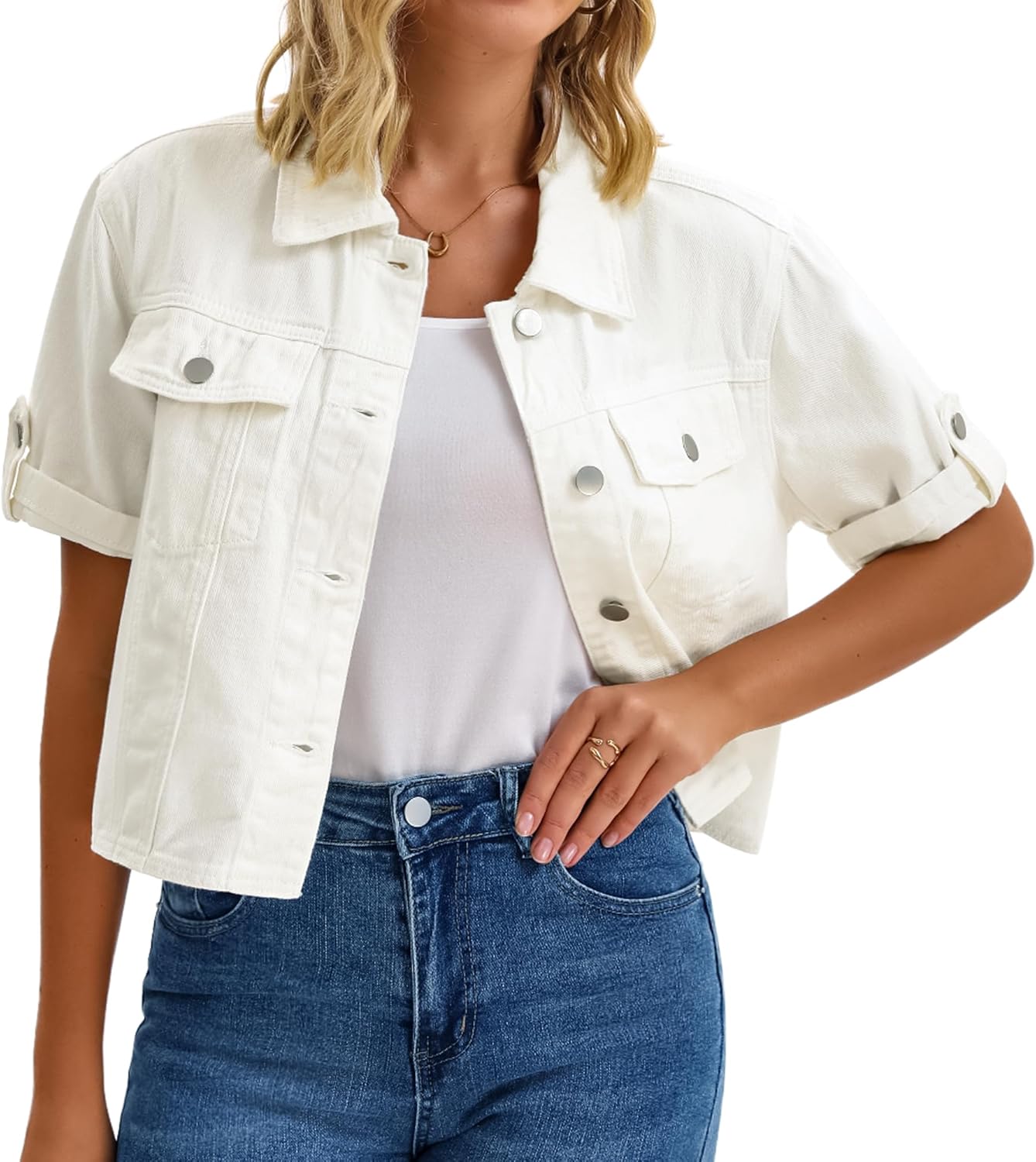 CIMUK Womens Short Sleeve Denim Jackets Collared Button Up Cropped Jean Jacket