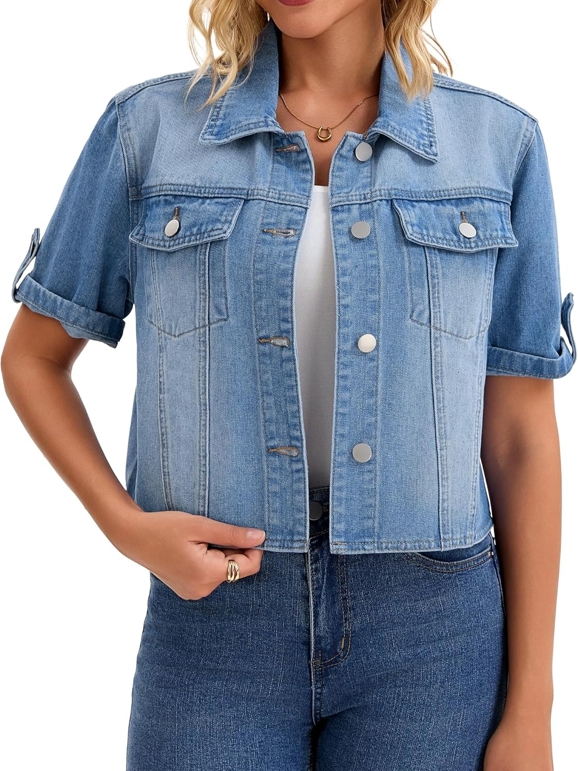 CIMUK Womens Short Sleeve Denim Jackets Collared Button Up Cropped Jean Jacket - Image 11