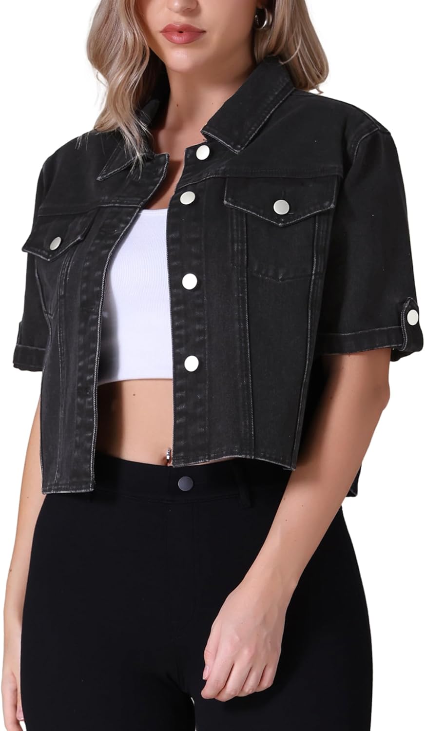 CIMUK Womens Short Sleeve Denim Jackets Collared Button Up Cropped Jean Jacket - Image 9