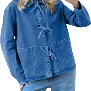 COZYPOIN Women's Tie Front Bow Denim Jacket Cropped Jean Shirts Lightweight Long Sleeve Spring Fall Y2K Top with Pockets