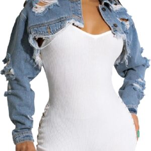Cropped Denim Jackets for Women Long Sleeve Ripped Destroyed Wash Crop Top Jean Jackets