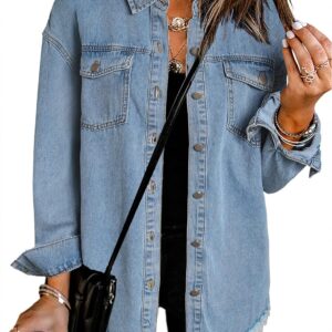 Dokotoo Women's Oversized Denim Jacket Casual Long Sleeve Denim Shirts Distresse Jean Jacket Fall Outfits 2025
