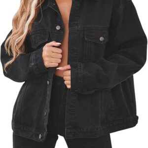 DvaeMalligo Women's Oversized Denim Jacket Casual Long Sleeve Button Down Distressed Trucker Jean Jackets with Pockets