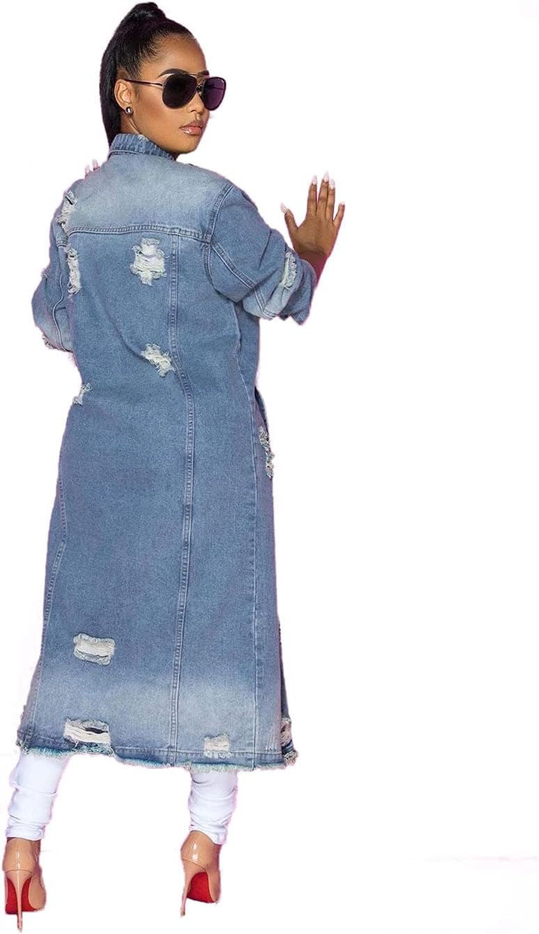 ebossy Women's Ripped Out Distressed Washed Long Blue Denim Jacket Trench Coat - Image 2