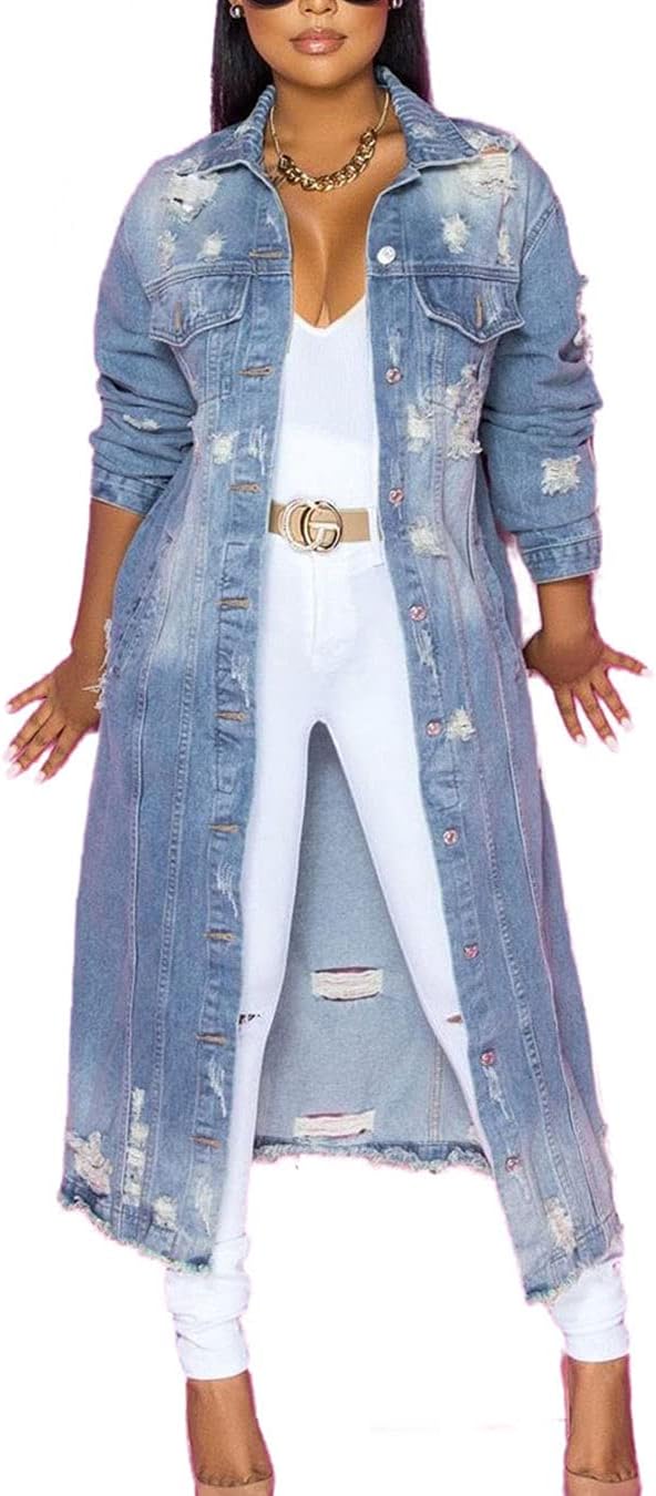 ebossy Women's Ripped Out Distressed Washed Long Blue Denim Jacket Trench Coat