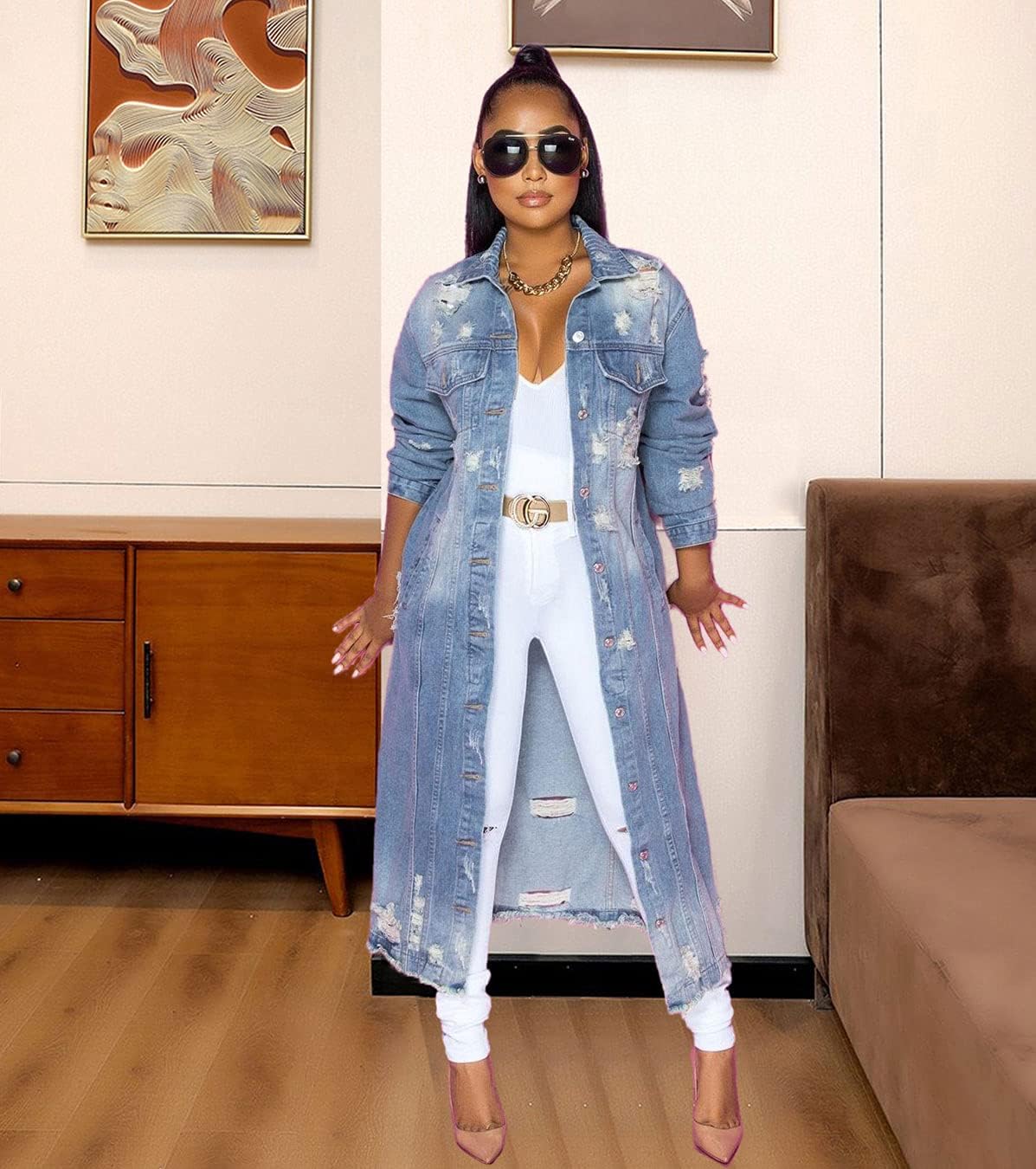 ebossy Women's Ripped Out Distressed Washed Long Blue Denim Jacket Trench Coat - Image 3