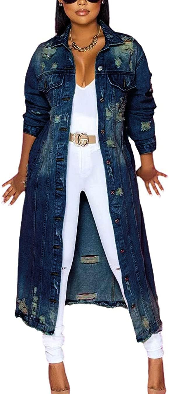 ebossy Women's Ripped Out Distressed Washed Long Blue Denim Jacket Trench Coat - Image 6