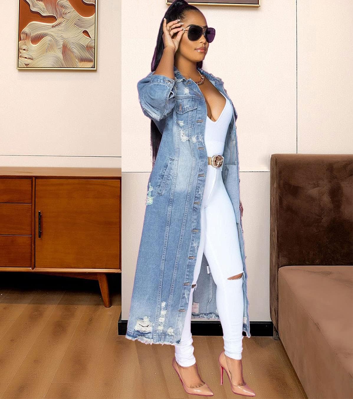 ebossy Women's Ripped Out Distressed Washed Long Blue Denim Jacket Trench Coat - Image 4