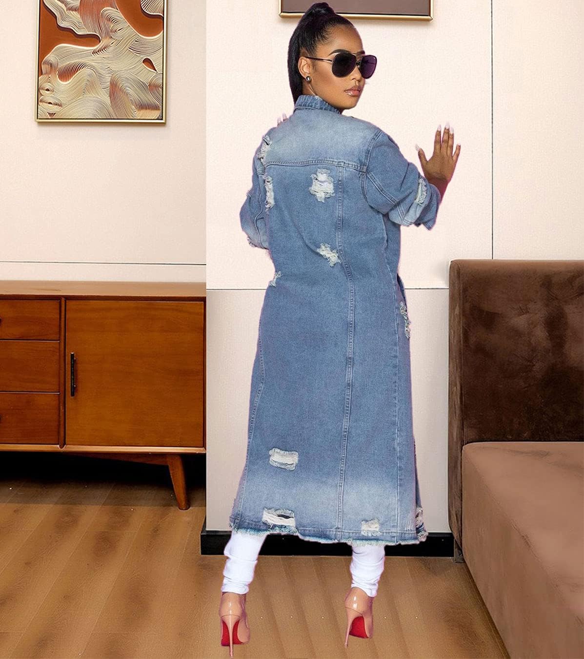 ebossy Women's Ripped Out Distressed Washed Long Blue Denim Jacket Trench Coat - Image 5