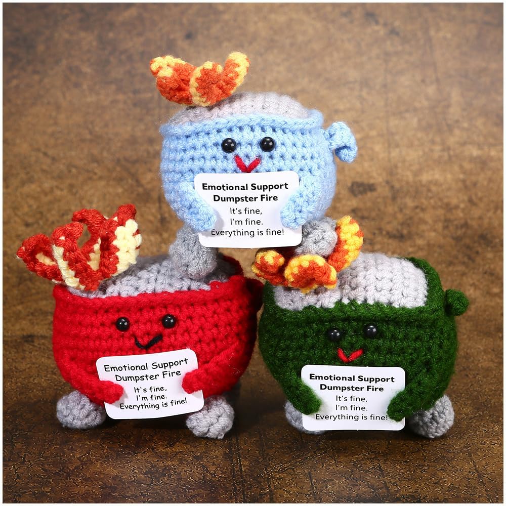 Emotional Support Crochet Dumpster Fire with Positive Card Cute Room Decor Knitted Toys Funny Crochet Support Buddies Gifts for Friends (Green&Blue&Red)