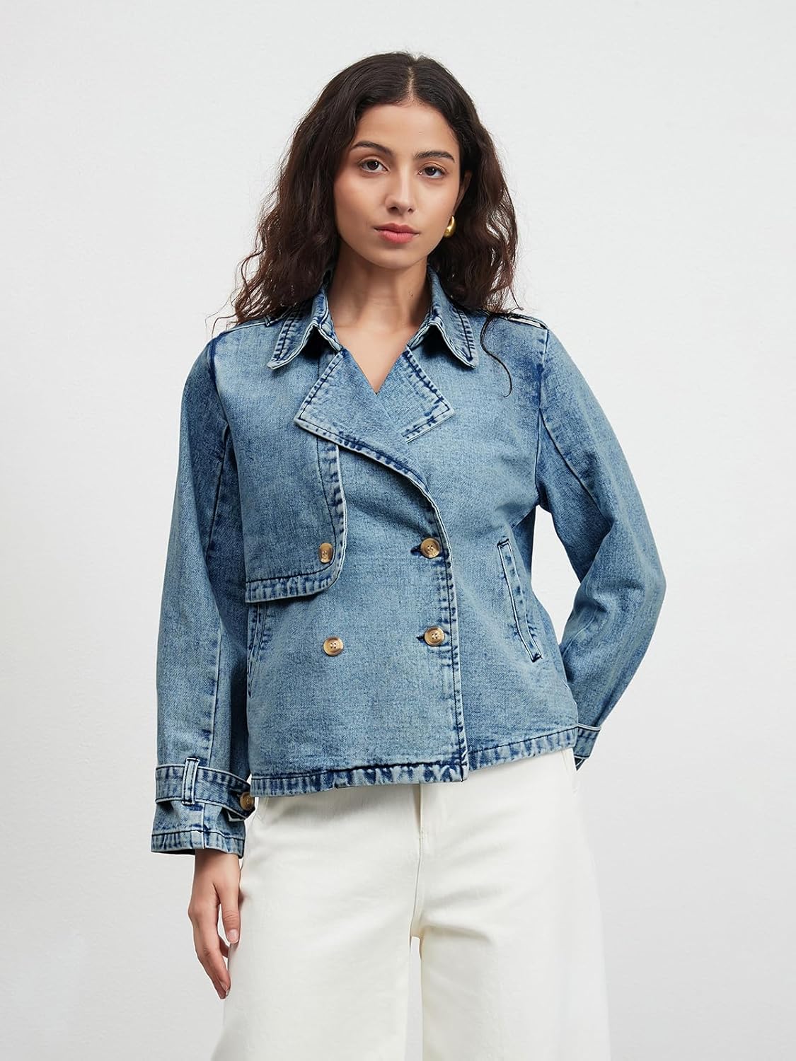 EZAPINE Denim Jacket for Women Lapel Double Breasted Oversized Jean Jacket Fall Casual Trendy Trench Coat with Pockets - Image 5