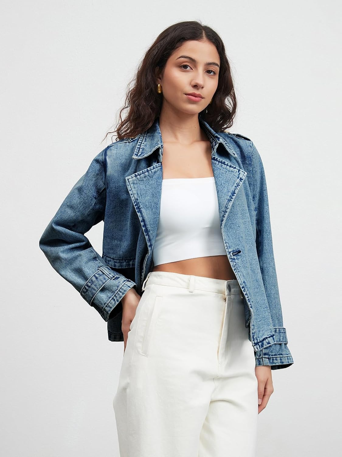 EZAPINE Denim Jacket for Women Lapel Double Breasted Oversized Jean Jacket Fall Casual Trendy Trench Coat with Pockets - Image 3