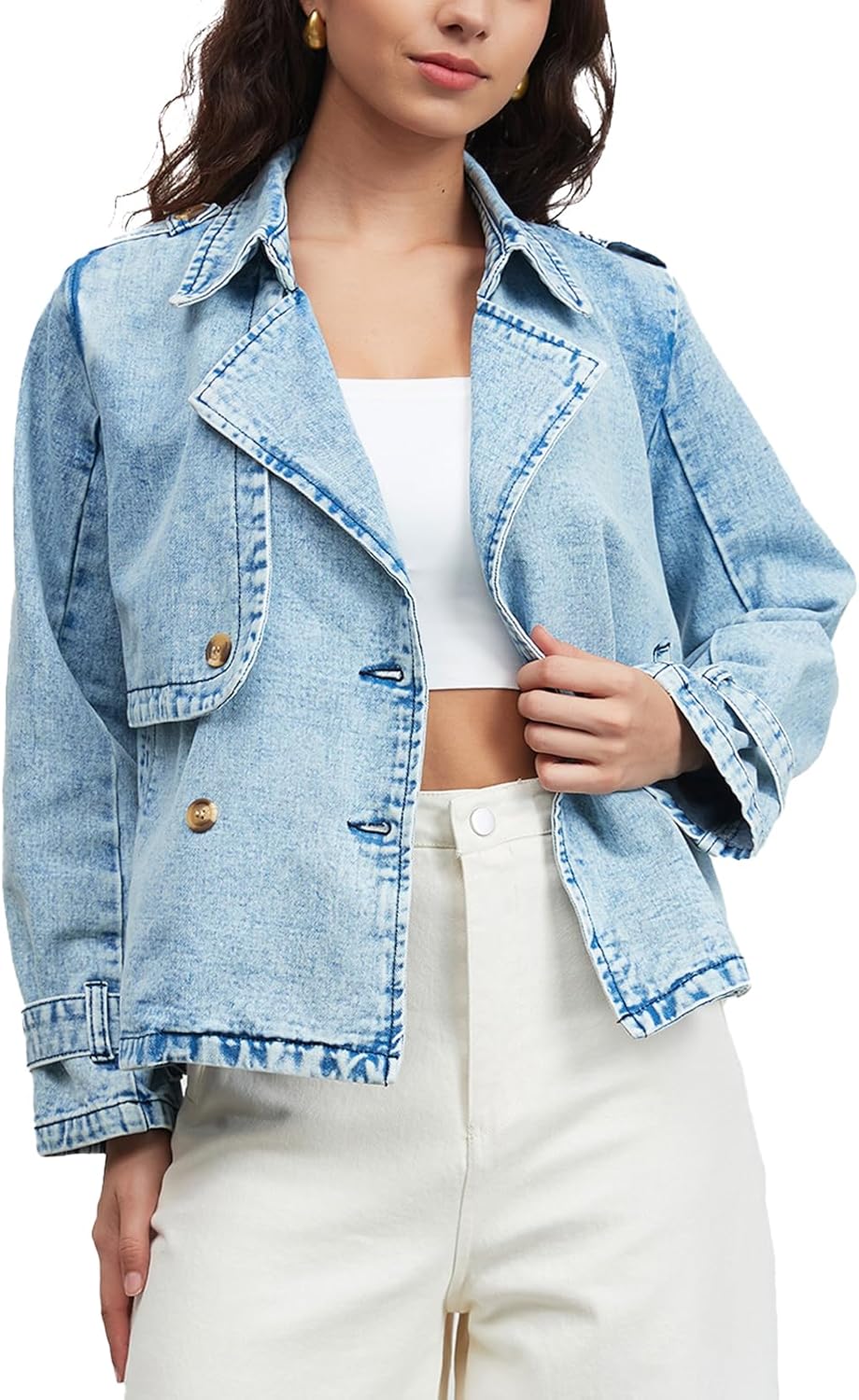 EZAPINE Denim Jacket for Women Lapel Double Breasted Oversized Jean Jacket Fall Casual Trendy Trench Coat with Pockets - Image 7