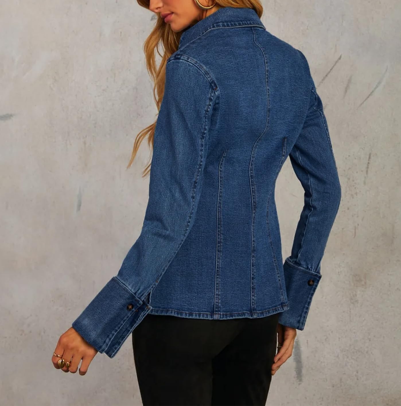 EZAPINE Denim Shirt Tops for Women Button Down Slim Fitted Long Sleeve V Neck Lightweight Jean Jackets - Image 3