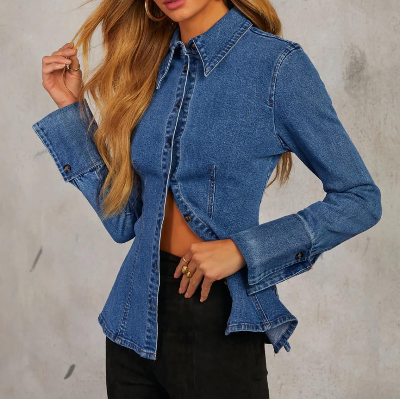 EZAPINE Denim Shirt Tops for Women Button Down Slim Fitted Long Sleeve V Neck Lightweight Jean Jackets - Image 4