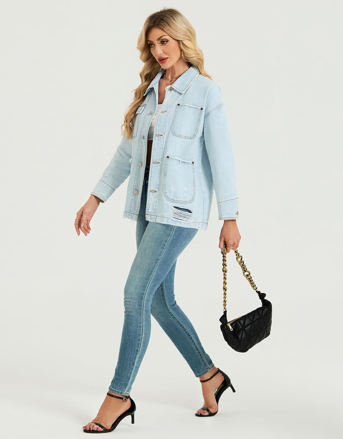 EZAPINE Women Long Sleeve Denim Jacket Button Down Oversized Jean Jacket Jean Shirt - Image 7