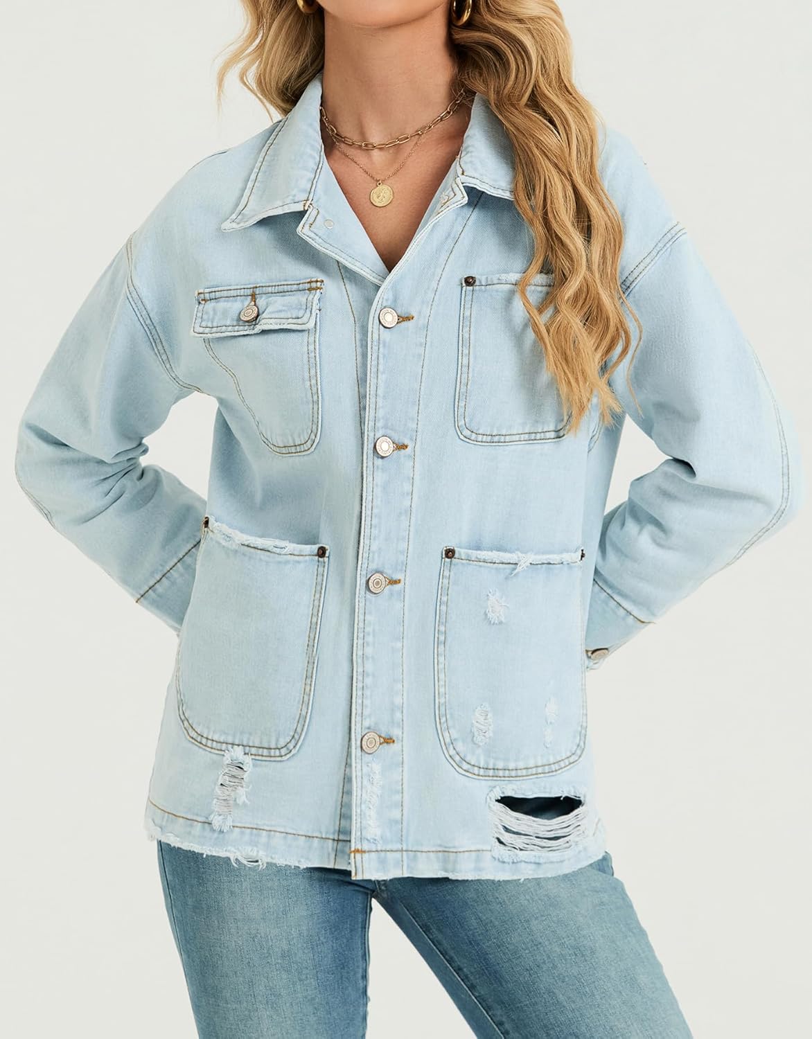 EZAPINE Women Long Sleeve Denim Jacket Button Down Oversized Jean Jacket Jean Shirt - Image 6
