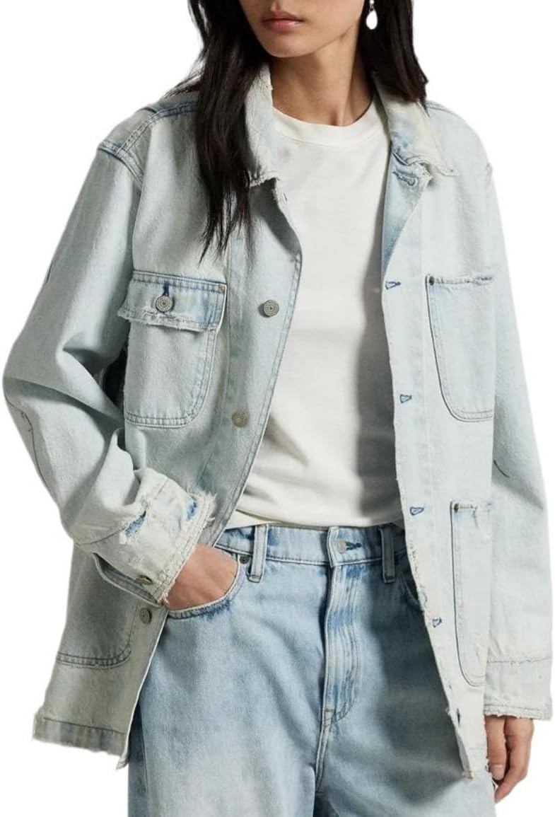 EZAPINE Women Long Sleeve Denim Jacket Button Down Oversized Jean Jacket Jean Shirt