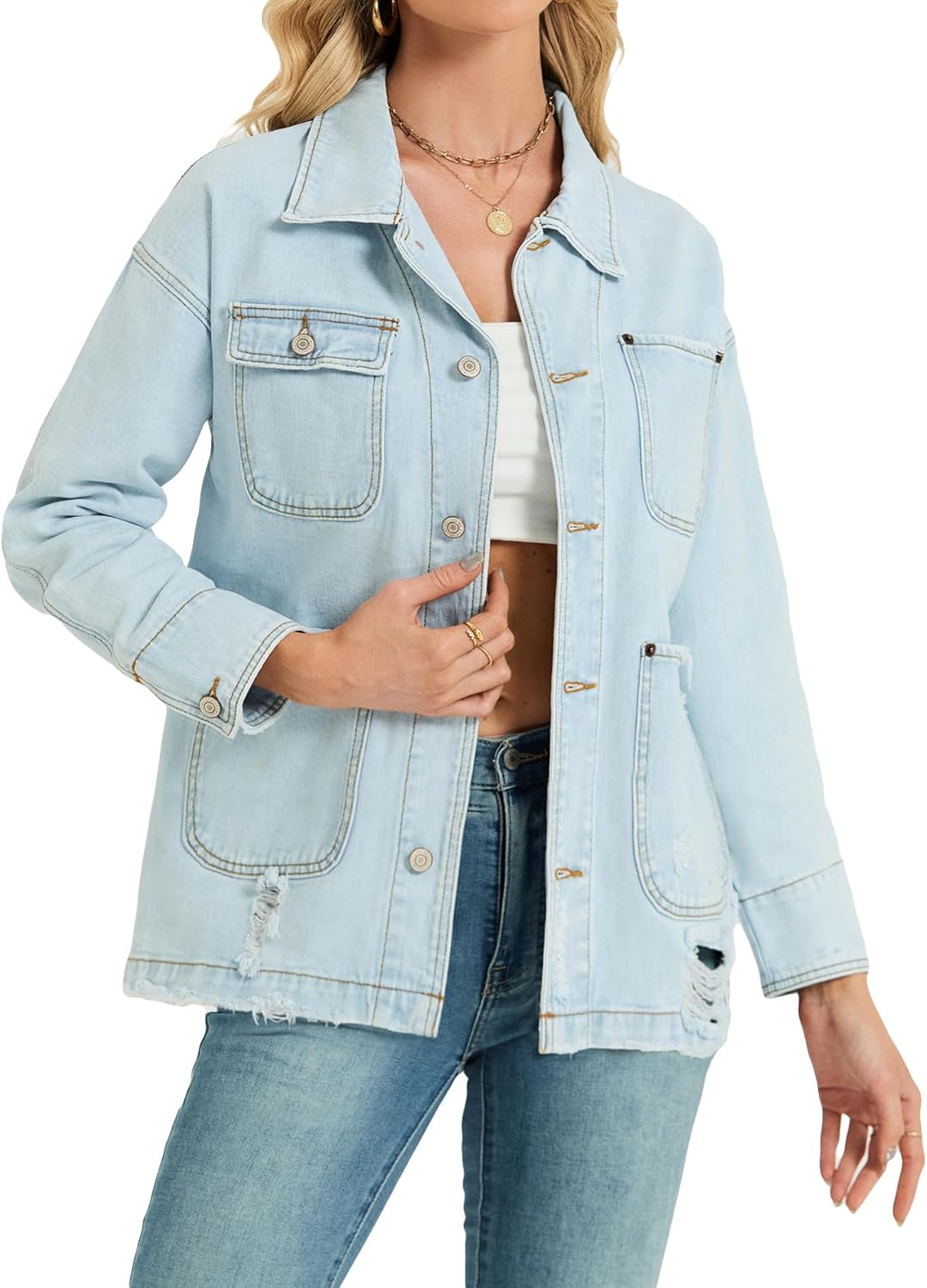 EZAPINE Women Long Sleeve Denim Jacket Button Down Oversized Jean Jacket Jean Shirt - Image 4