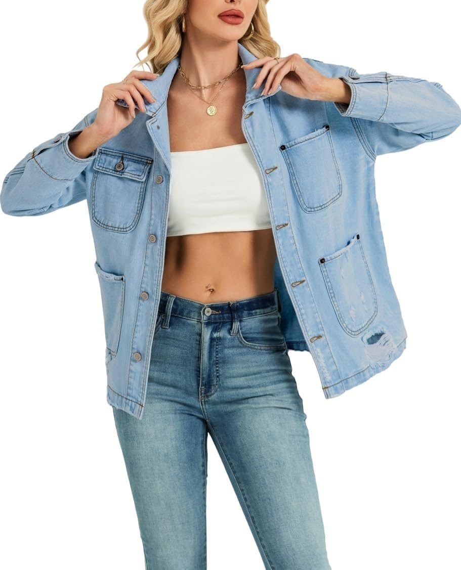 EZAPINE Women Long Sleeve Denim Jacket Button Down Oversized Jean Jacket Jean Shirt - Image 8