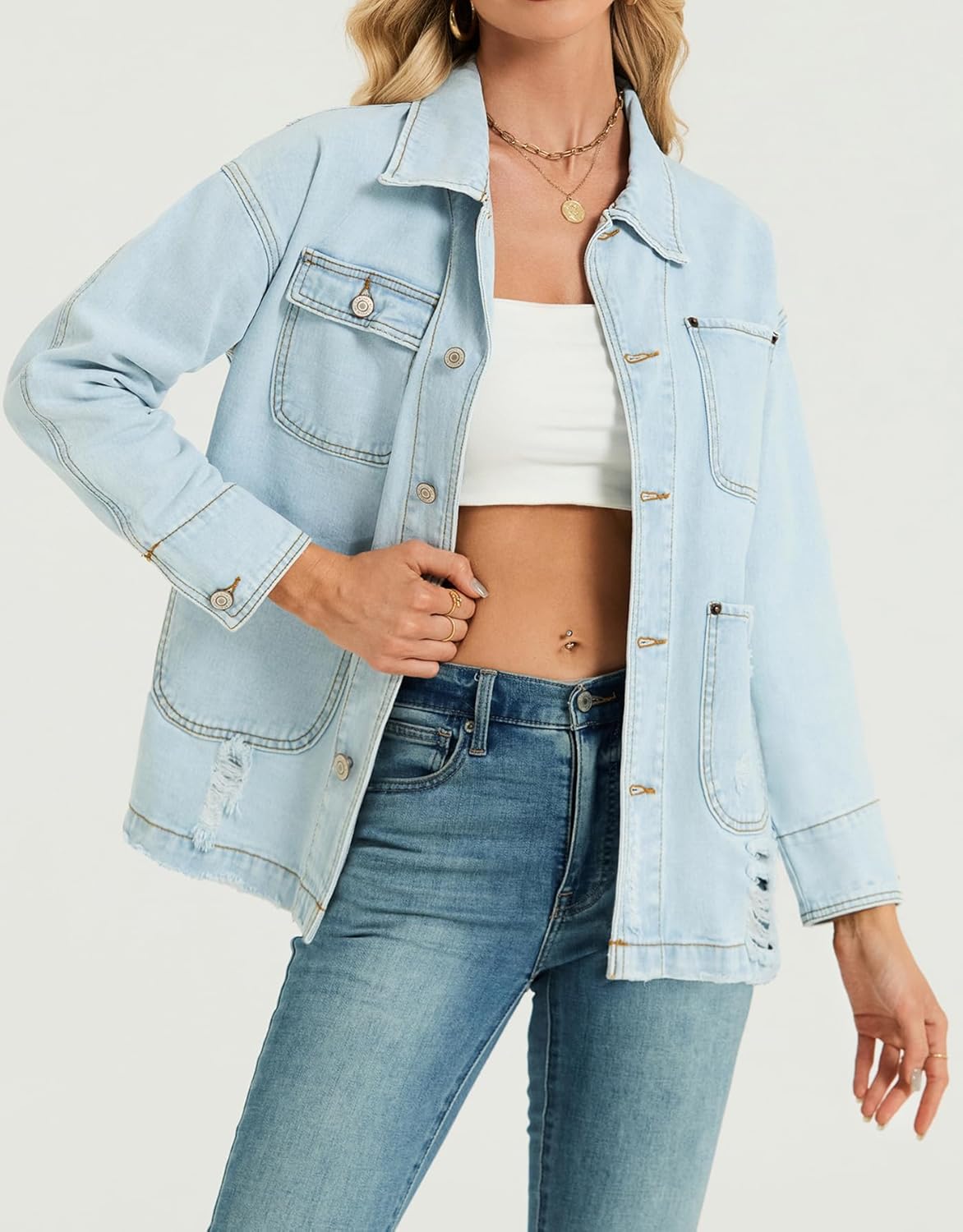 EZAPINE Women Long Sleeve Denim Jacket Button Down Oversized Jean Jacket Jean Shirt - Image 3