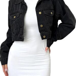 FairBeauty Women's Washed Distressed Denim Jacket Long Sleeve Ripped Button Up Cropped Jean Jacket