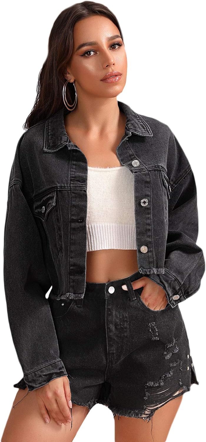 Floerns Women's Casual Drop Shoulder Ripped Crop Denim Jean Jacket - Image 10