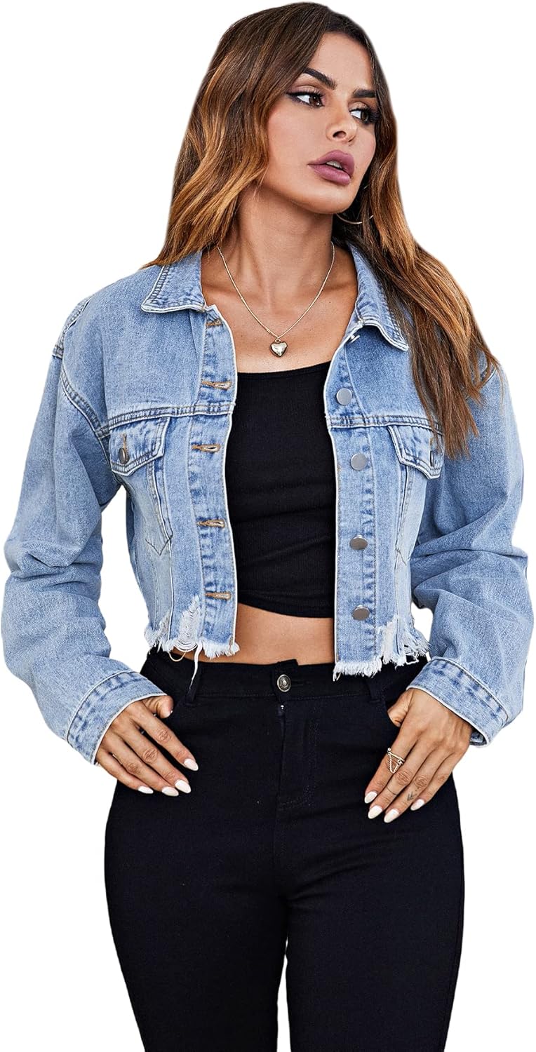 Floerns Women's Casual Drop Shoulder Ripped Crop Denim Jean Jacket - Image 9