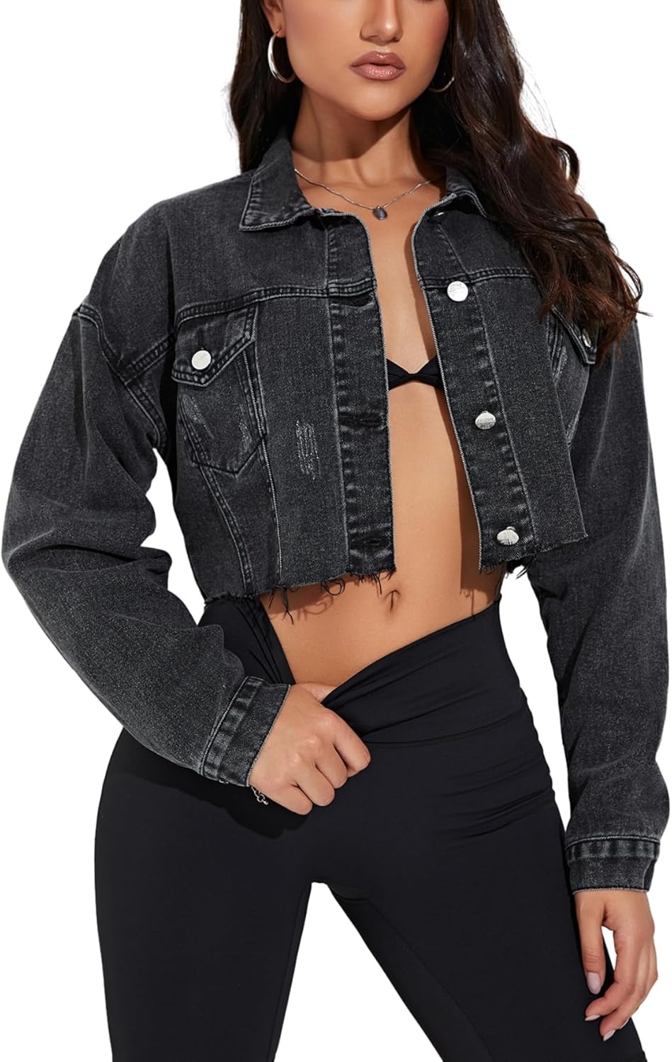 Floerns Women's Casual Drop Shoulder Ripped Crop Denim Jean Jacket - Image 6