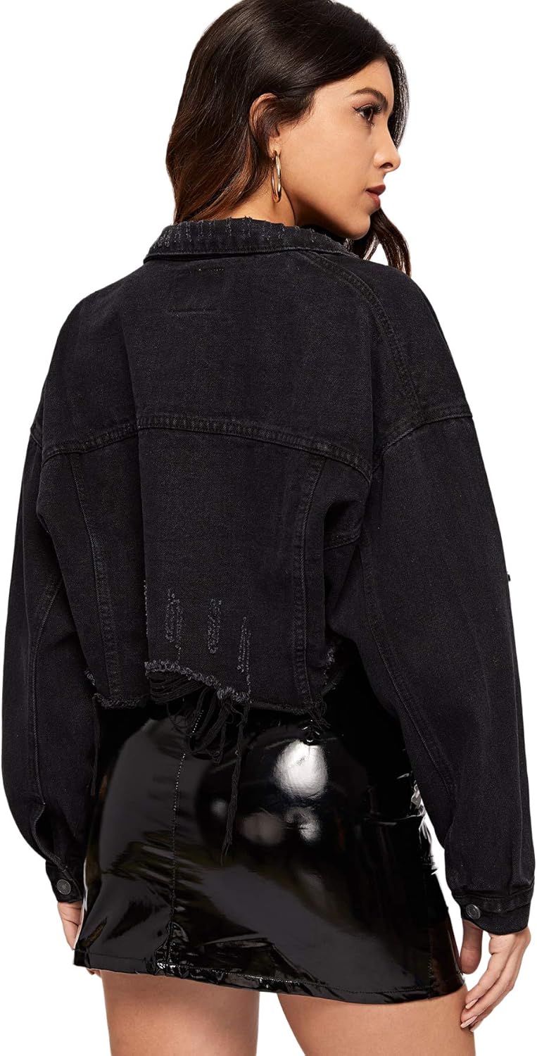 Floerns Women's Casual Drop Shoulder Ripped Crop Denim Jean Jacket - Image 2