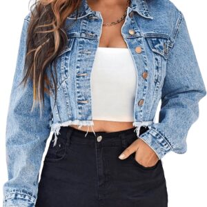 Floerns Women's Raw Hem Long Sleeve Button Down Pocket Cropped Denim Jean Jacket