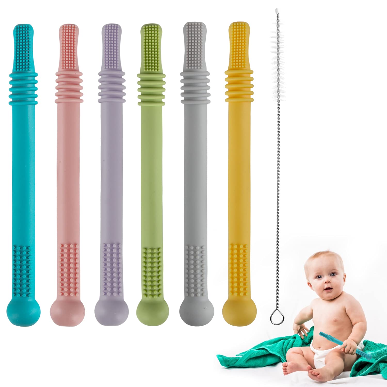 Fu Store Hollow Teether Tube Chew Straw Sensory Toy for Infant Toddlers Silicone Tubes Teething Toys for Babies 3-12 Months 0-36 Months Gifts Learning Developmental Toys BPA Free Freezable 6 Pack