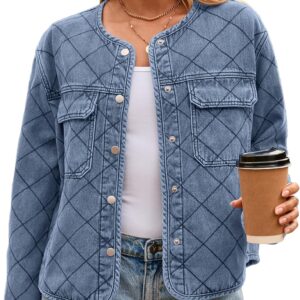 Glamaker Jean Jacket Women Denim Long Sleeve Button Down Diamond Quilted Lightweight Jackets Fall Winter Shacket Coats