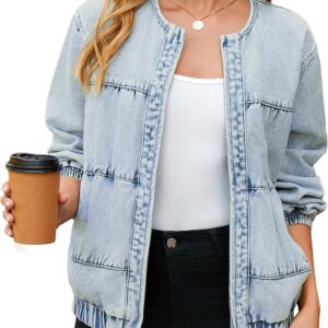 Glamaker Womens Denim Bomber Jacket Trendy Casual Zip Up Crew Neck Long Sleeve Loose Fit Jean Jacket Fall Outfits
