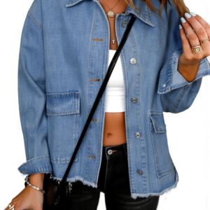 Glamaker Womens Jean Jackets Cropped Casual Denim Jacket Button Down Vintage Loose Frayed Hem Fall Coat with Pockets