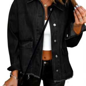 Glamaker Womens Jean Jackets Cropped Casual Denim Jacket Button Down Vintage Loose Frayed Hem Fall Coat with Pockets