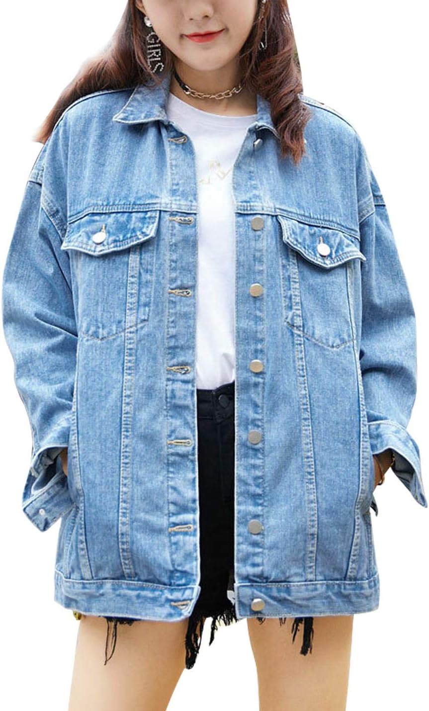 Gozoloma Women's Casual Loose Oversized Denim Jacket Long Sleeved Button Jean Jacket Coat Tops