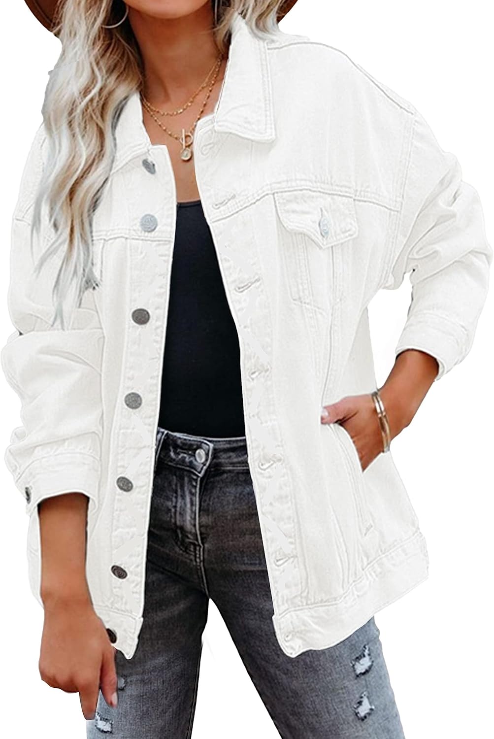 Gozoloma Women's Casual Loose Oversized Denim Jacket Long Sleeved Button Jean Jacket Coat Tops - Image 9