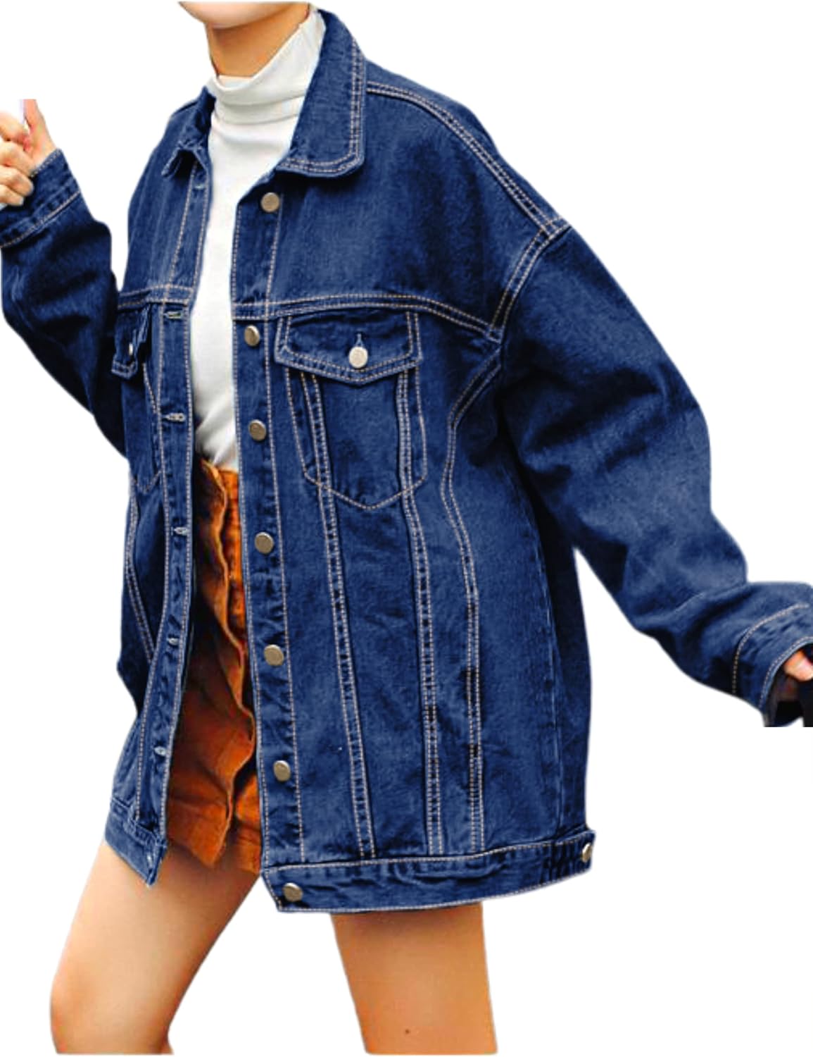 Gozoloma Women's Casual Loose Oversized Denim Jacket Long Sleeved Button Jean Jacket Coat Tops - Image 8