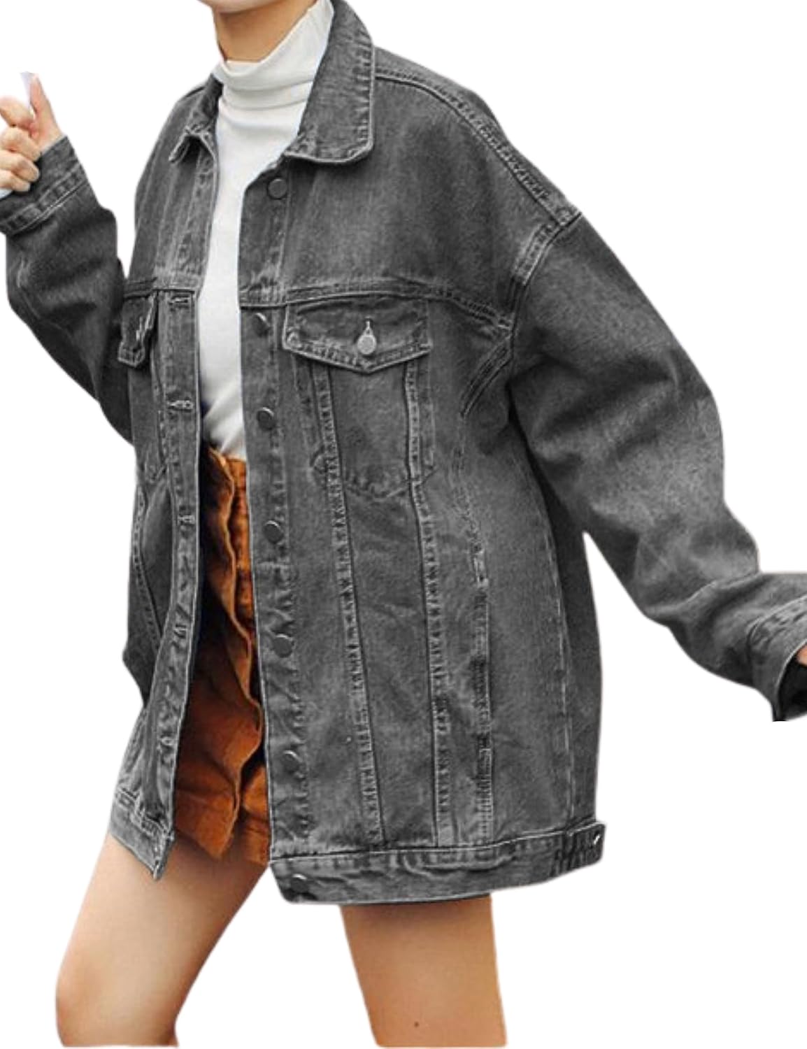 Gozoloma Women's Casual Loose Oversized Denim Jacket Long Sleeved Button Jean Jacket Coat Tops - Image 10