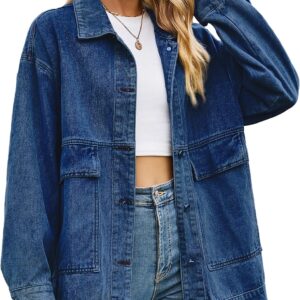 HangNiFang Aztec Denim Jacket Shacket for Women Button Down Vintage Distressed Blue Jean Jacket