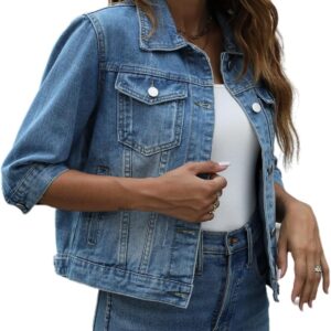 happlan Women's 3\/4 Sleeve Short Denim Jacket Lapel Button Down Cropped Trucker Jean Jackets Coats