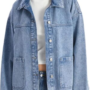 Hixiaohe Jean Jackets for Women Trendy Button Up Denim Shirt Jacket Oversized Long Sleeve Coat Fashion Clothes with Pockets