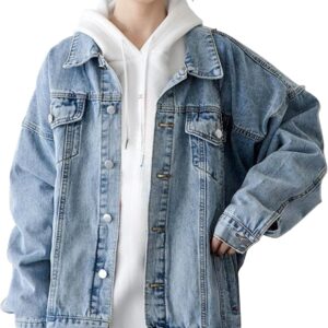 Hixiaohe Oversized Jean Jacket Women Fashion Long Sleeve Button Down Denim Jacket Loose Boyfriend Trucker Jean Coats