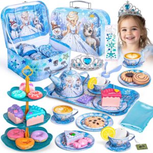 Hohosunlar Frozen Tea Party Set for Little Girls, Princess Gift Toy, Kids Pretend Play Tin Tea Set with Teapot, Tea Cups, Food Playset & Carrying Case, Birthday for Girls Age 3+