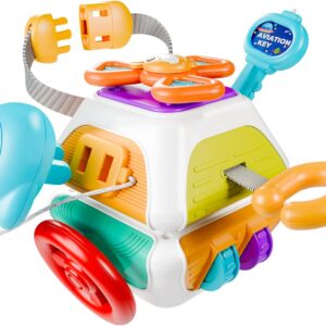 iPlay, iLearn 10 in 1 Baby Busy Board Cube, Montessori Sensory Toy Toddler 1-3, Infant Carseat Plane Travel, Kid Education Learning Activity, Birthday Gift 6 9 10 12 18 Month 1 2 Year Old Boy Girl