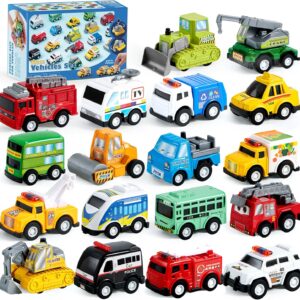 JOYIN 18 Pcs Pull Back City Cars and Trucks Toy Vehicles Set, Friction Powered Cars Toys for Toddlers, Boys, Girls’ Educational Play, Kids Stocking Stuffers, Treasure Box Gifts for Classroom