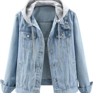 Kedera Womens Casual Denim Jacket Long Sleeve Distressed Ripped Jean Coat Trendy Top with Detachable Hood