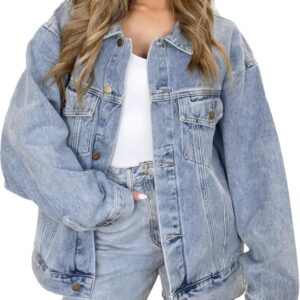 Kedera Women's Oversized Jean Jacket Long Blue Denim Jacket Long Sleeve Button Down Trucker Jacket Shacket Fall Coats